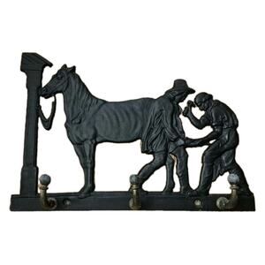 Vintage Black Metal Coat Rack Horse Blacksmith Brass Hooks 13x9"